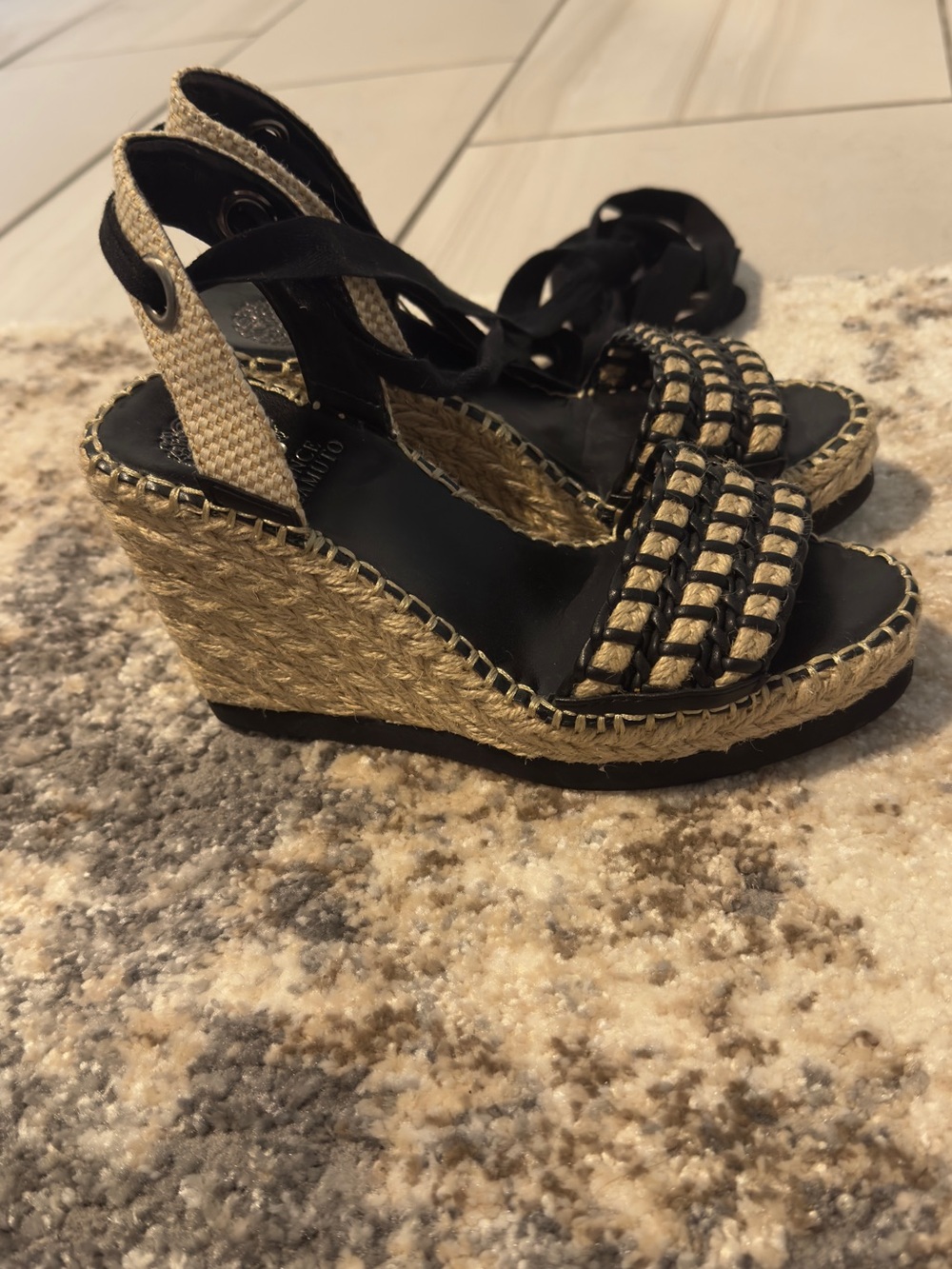Vince Camuto Black and Natural Espadrille Wedge Sandals